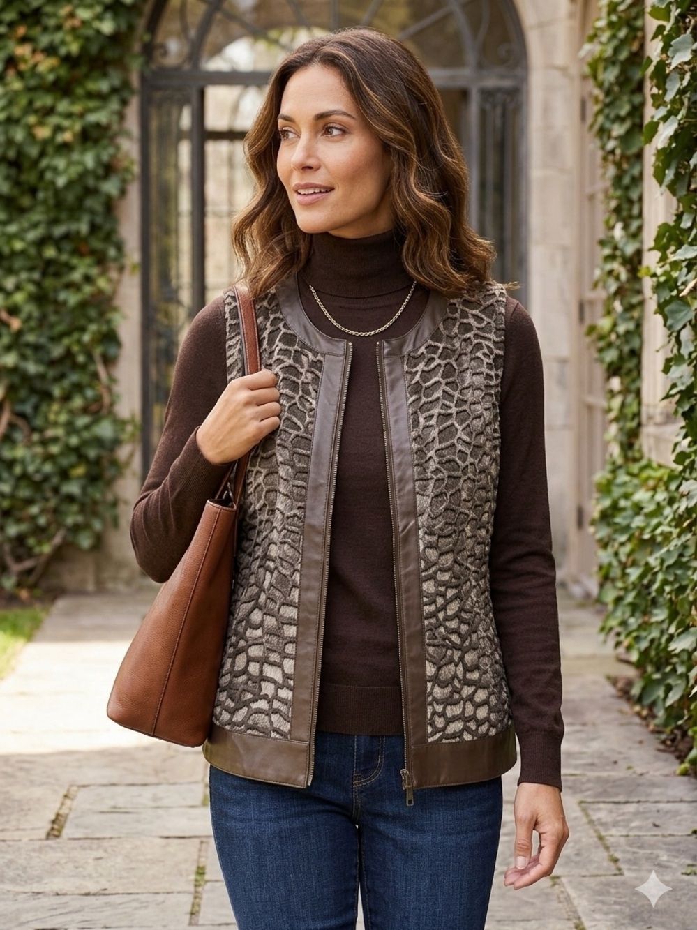 Multiples Women's Size L Animal Print Zip-Front Vest with Faux-Leather Trim